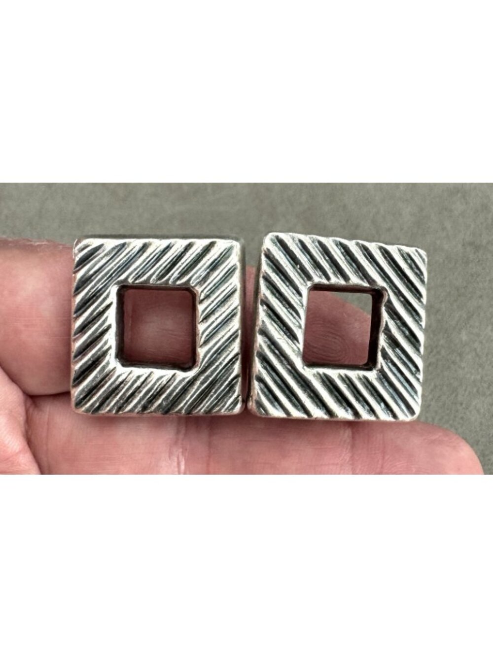Vtg ZINA STERLING Silver EARRINGS Diagonal Texture Square with Opening - ClipOns